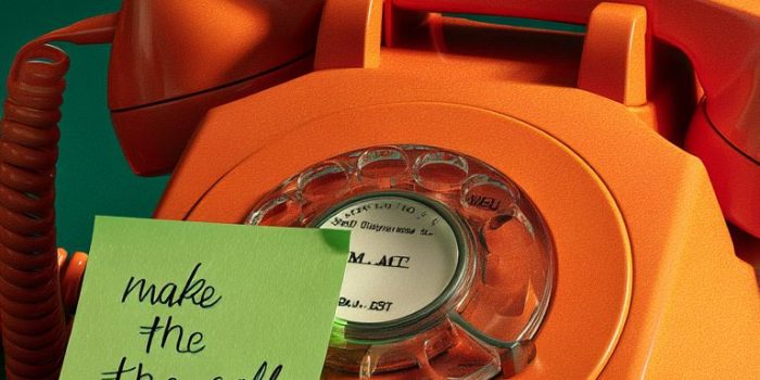 ChatGPT_AI提示词_一部鲜艳橙色的复古旋转拨号电话上贴着写着“打那个电话”的绿色便条纸_chatgpt中文版缩略图