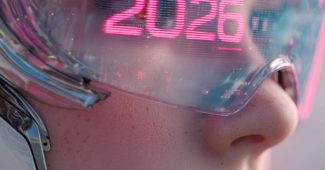 ChatGPT提示词_未来女性赛博格的特写肖像，带有光滑的珍珠白头盔和铬金属细节，头盔上投影出霓虹粉色的2026和 пастель青色以及薰衣草色的HUD界面_chatgpt在线试用缩略图