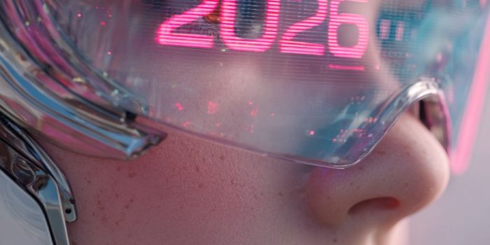 ChatGPT提示词_未来女性赛博格的特写肖像，带有光滑的珍珠白头盔和铬金属细节，头盔上投影出霓虹粉色的2026和 пастель青色以及薰衣草色的HUD界面_chatgpt在线试用缩略图