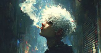 ChatGPT_AI提示词_银白头发的年轻男子在幽静巷子的墙边吸烟，面向镜头凝视，展现出孤独的氛围_gpt会员充值wildcard缩略图