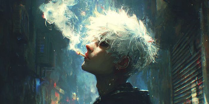 ChatGPT_AI提示词_银白头发的年轻男子在幽静巷子的墙边吸烟，面向镜头凝视，展现出孤独的氛围_gpt会员充值wildcard缩略图