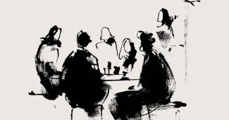 AI提示词_一幅简单的黑色墨水抽象画，描绘人们围坐在桌子旁的场景_chatgpt会员多少钱一次缩略图