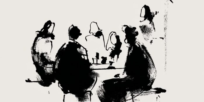 AI提示词_一幅简单的黑色墨水抽象画，描绘人们围坐在桌子旁的场景_chatgpt会员多少钱一次缩略图