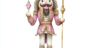 ChatGPT_AI提示词_水彩风格的胡桃夹子剪贴画，手持镶有粉色宝石的金色权杖_Grok Super缩略图