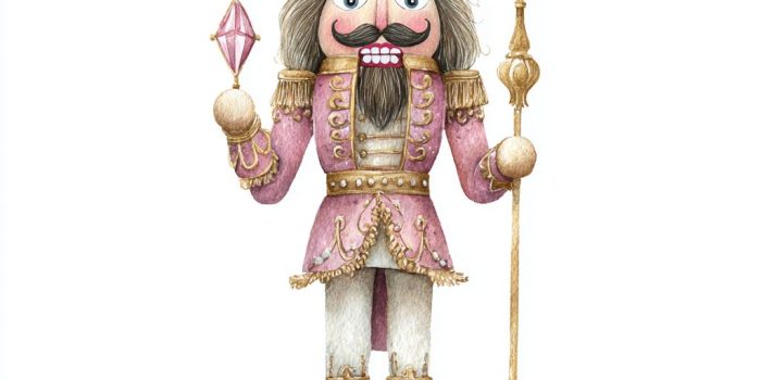 ChatGPT_AI提示词_水彩风格的胡桃夹子剪贴画，手持镶有粉色宝石的金色权杖_Grok Super缩略图