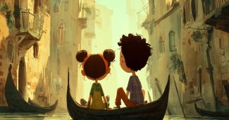 ChatGPT_AI提示词_黄发女孩和棕发男孩在威尼斯的贡多拉上，共享宁静的黄昏时光_chatgpt5.2版本怎么样缩略图