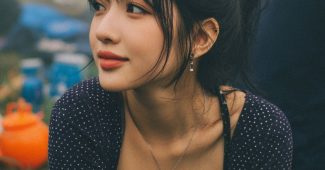 ChatGPT提示词_一位成年东亚女性在草地上坐着，穿着海军蓝亮点背心和高腰卡其裤，手里拿着一条白毛巾，神态自然_gpt会员代充缩略图