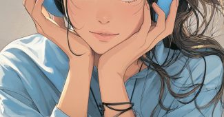 ChatGPT提示词_一位20多岁时尚女性戴着蓝黑色耳机，放松地面对镜头，神情投入于音乐，享受她最喜欢的歌曲_chatgptplus怎么订阅缩略图