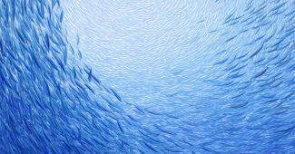 ChatGPT提示词_一幅超现实主义的深蓝色宇宙隧道图景，描绘微小人物跳跃与蓝色鱼群_ChatGPT Pro缩略图