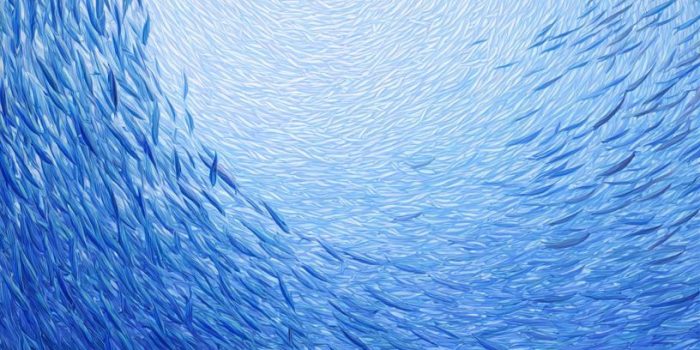 ChatGPT提示词_一幅超现实主义的深蓝色宇宙隧道图景，描绘微小人物跳跃与蓝色鱼群_ChatGPT Pro缩略图