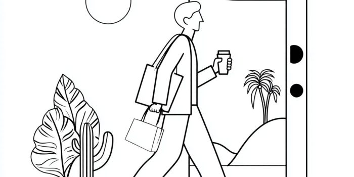 ChatGPT提示词_一个人提着手提包，喝着咖啡，走向通往创意乐园的门_ChatGPT Pro缩略图