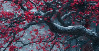 ChatGPT_AI提示词_古老的梅树在大雪中绽放出鲜艳的红花_chatgpt官网网页版缩略图