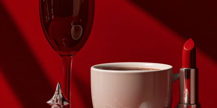 ChatGPT_AI提示词_一个红色背景下的超现实主义摄影，展示香槟杯、热可可白杯、糖果杖、圣诞树装饰品及红色口红，艺术性布置_chat gpt会员是智商税嘛缩略图