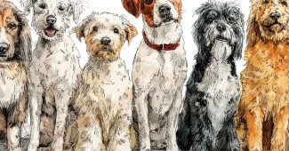 ChatGPT_AI提示词_一组可爱的手绘不同品种的狗站在一起面朝前_chat gpt会员的作用缩略图