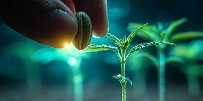 ChatGPT_AI提示词_手中握着发光的绿色大麻种子悬浮在黑色土壤上_chatgpt充值缩略图