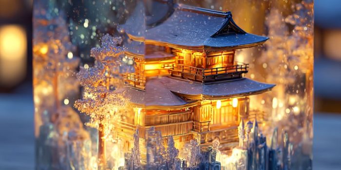 ChatGPT_AI提示词_一座封闭的玻璃立方体，内部有两个美丽分隔的世界，上部是温暖的古日本寺庙，下部是闪烁的冰晶城市_chatgpt 官网缩略图