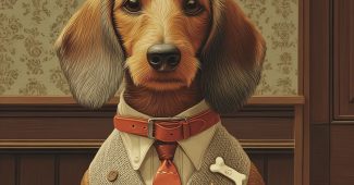 ChatGPT_AI提示词_一只长毛的腊肠犬穿着西部警长服装，悠闲地在酒吧里喝威士忌_chatgpt5.0官网中文版缩略图