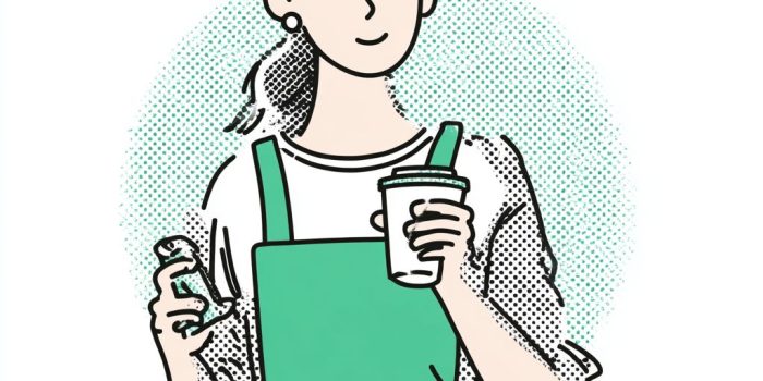 ChatGPT提示词_一个女孩手拿塑料杯，穿着围裙的平面图标_买gpt会员缩略图