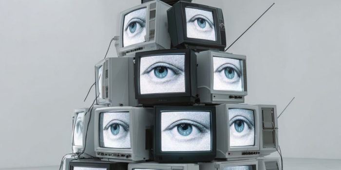 ChatGPT_AI提示词_一堆电视机以艺术雕塑形式排列，所有屏幕上都有一个人眼，背景干净简约_gpt会员不支持国内银行卡缩略图