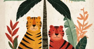 AI提示词_两只风格化的丛林老虎，一橙一红，坐在郁郁葱葱的棕榈树下，周围是大胆的热带植物和温暖的阳光_chatgpt会员充值缩略图