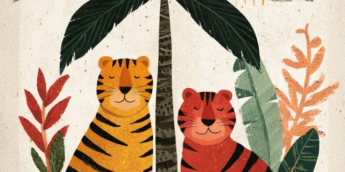 AI提示词_两只风格化的丛林老虎，一橙一红，坐在郁郁葱葱的棕榈树下，周围是大胆的热带植物和温暖的阳光_chatgpt会员充值缩略图