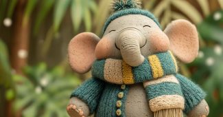ChatGPT_AI提示词_可爱的婴儿大象穿着手工制作的蓝绿色和奶油色围巾，展现出欢乐的表情和雕塑般的魅力_gpt会员充值wildcard缩略图