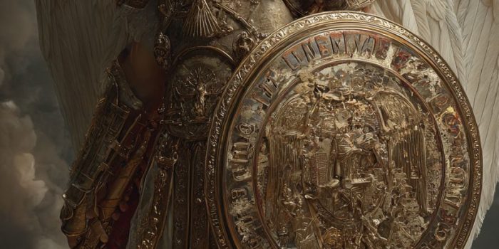 ChatGPT_AI提示词_圣迈克尔大天使的肖像，身穿华丽的金色罗马军团盔甲，展现出强健的肌肉和保护的目光_chatgpt官网中文版4.0缩略图