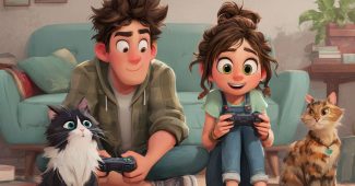 ChatGPT提示词_一只黑白挪威森林猫和一名黑发男孩在玩电子游戏，旁边一位扎着发髻的年轻女孩和她的棕色虎斑猫在观看_gpt帐号怎么注册缩略图