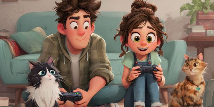 ChatGPT提示词_一只黑白挪威森林猫和一名黑发男孩在玩电子游戏，旁边一位扎着发髻的年轻女孩和她的棕色虎斑猫在观看_gpt帐号怎么注册缩略图