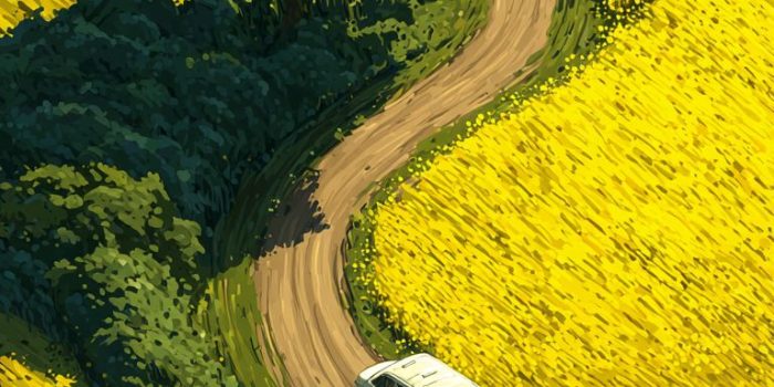 ChatGPT提示词_白色面包车在乡间S形道路上穿行，四周是金色的油菜花田和大树投下的柔和阴影_chatgpt plus官网缩略图