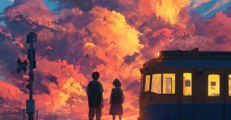 AI提示词_男孩和女孩在火车站平台上，映衬着绚丽的日落_chatgpt会员价格缩略图