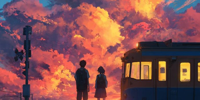 AI提示词_男孩和女孩在火车站平台上，映衬着绚丽的日落_chatgpt会员价格缩略图