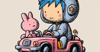 ChatGPT提示词_蓝发胡子的男子戴着兔头盔骑着小猪玩具车，前面是粉色兔子玩偶，背景为浅色，文字为“- detail day”_chatgpt plus – 1 month free trial缩略图