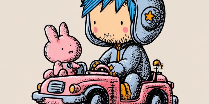 ChatGPT提示词_蓝发胡子的男子戴着兔头盔骑着小猪玩具车，前面是粉色兔子玩偶，背景为浅色，文字为“- detail day”_chatgpt plus – 1 month free trial缩略图