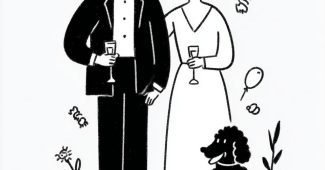 ChatGPT提示词_一对新人站在草坪上，女孩穿着婚纱，男孩穿着燕尾服，身旁有一只卷毛小狗，周围环绕着气球、糖果和香槟杯_chatgpt会员共享缩略图