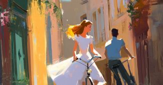 ChatGPT_AI提示词_阳光明媚的巴黎街头，一名穿白裙的女性骑自行车，旁边有一名男性溜冰_chatgpt会员充值缩略图