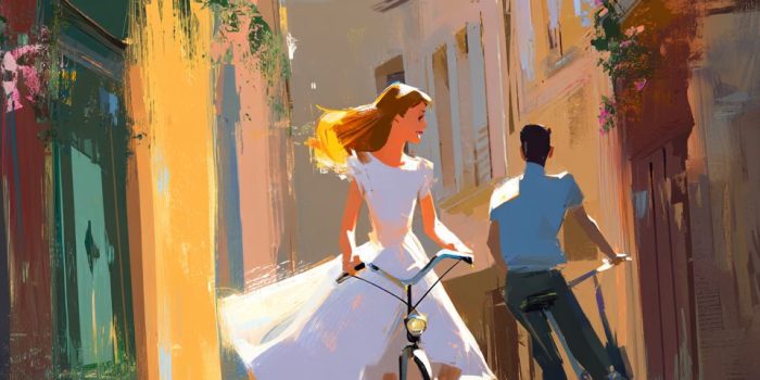 ChatGPT_AI提示词_阳光明媚的巴黎街头，一名穿白裙的女性骑自行车，旁边有一名男性溜冰_chatgpt会员充值缩略图