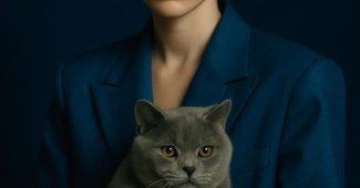 ChatGPT_AI提示词_一位年轻女性穿着 oversized 蓝色西装，手中轻托一只英国短毛猫，背景为深蓝色_国内如何开通gpt会员卡支付宝缩略图
