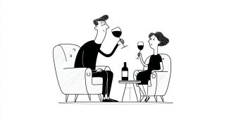 AI提示词_一幅黑白矢量插图，描绘一个坐在俱乐部椅上品酒的人物，旁边有另一人_chatgpt会员收费标准缩略图