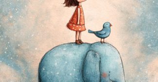 ChatGPT提示词_一个小女孩站在一只温和的蓝色大象上，旁边栖息着一只小鸟_chatgpt 下载缩略图