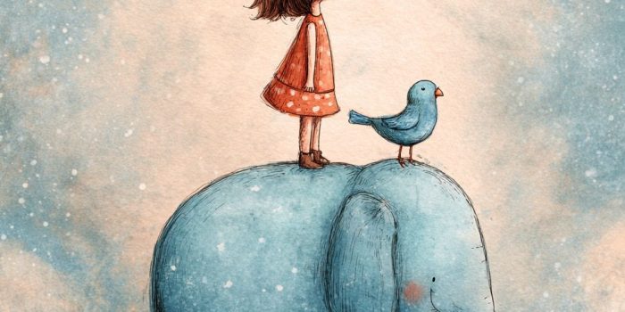 ChatGPT提示词_一个小女孩站在一只温和的蓝色大象上，旁边栖息着一只小鸟_chatgpt 下载缩略图