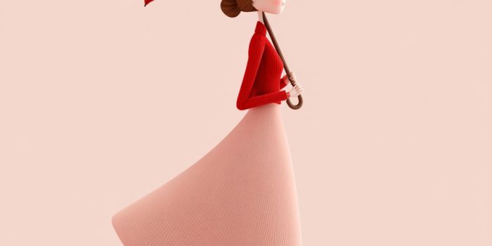 ChatGPT提示词_一幅可爱的3D动画风格插图，展示了一位手持红伞、穿着红色上衣和粉色长裙的女性_chatgpt中文版免费使用缩略图