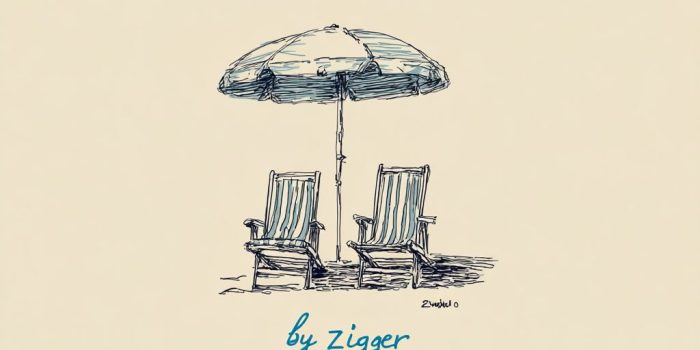 ChatGPT提示词_简单的线描画显示两把沙滩椅在伞下，旁边有“by zlbigger”的字样_chatgpt会员缩略图