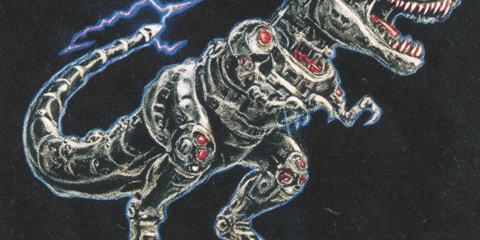 ChatGPT_AI提示词_一幅复古的机器人恐龙插图，黑色背景_gpt会员价格缩略图