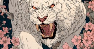 ChatGPT提示词_一只白狮在樱花背景下全身侧视冲向观众，展示尖锐的牙齿_chatgpt充值虚拟卡缩略图