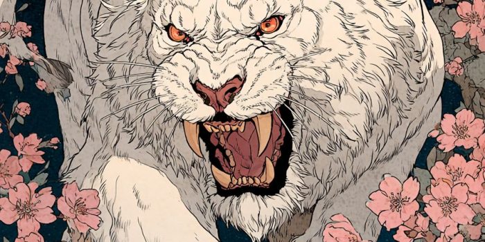 ChatGPT提示词_一只白狮在樱花背景下全身侧视冲向观众，展示尖锐的牙齿_chatgpt充值虚拟卡缩略图