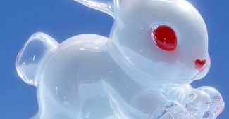 ChatGPT提示词_一只可爱的白兔子在蓝色背景下跳跃，采用半透明玻璃材料，红色的眼睛，简约可爱的风格_chatgpt.com官网缩略图