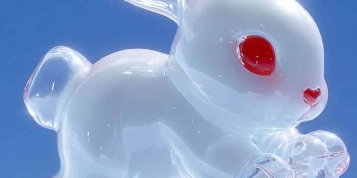 ChatGPT提示词_一只可爱的白兔子在蓝色背景下跳跃，采用半透明玻璃材料，红色的眼睛，简约可爱的风格_chatgpt.com官网缩略图