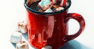 ChatGPT_AI提示词_水彩画的可可杯，配有棉花糖和拐杖糖，柔和的阴影和通透的白色负空间_人工智能chatgpt5.0缩略图