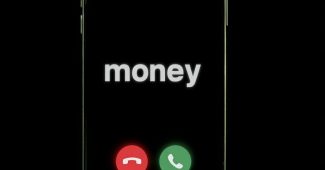 ChatGPT提示词_一部黑色背景的iphone屏幕，上面有两个按钮，一个红色一个绿色，均写有’money’字样_chatgpt缩略图